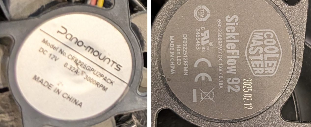 Two fan labels: Pano-mounts CF9225GPU2PACK, DC 12 V, 0.32 A, 3000 RPM; and Cooler Master SickleFlow 92, 650–2300 RPM, DC 12 V, 0.18 A.